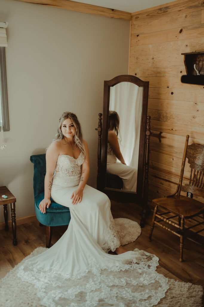 bride with her wedding dress on
