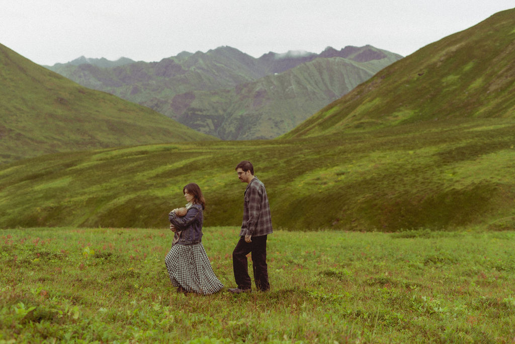 couple walking around hatcher pass during their Mountain Family Session