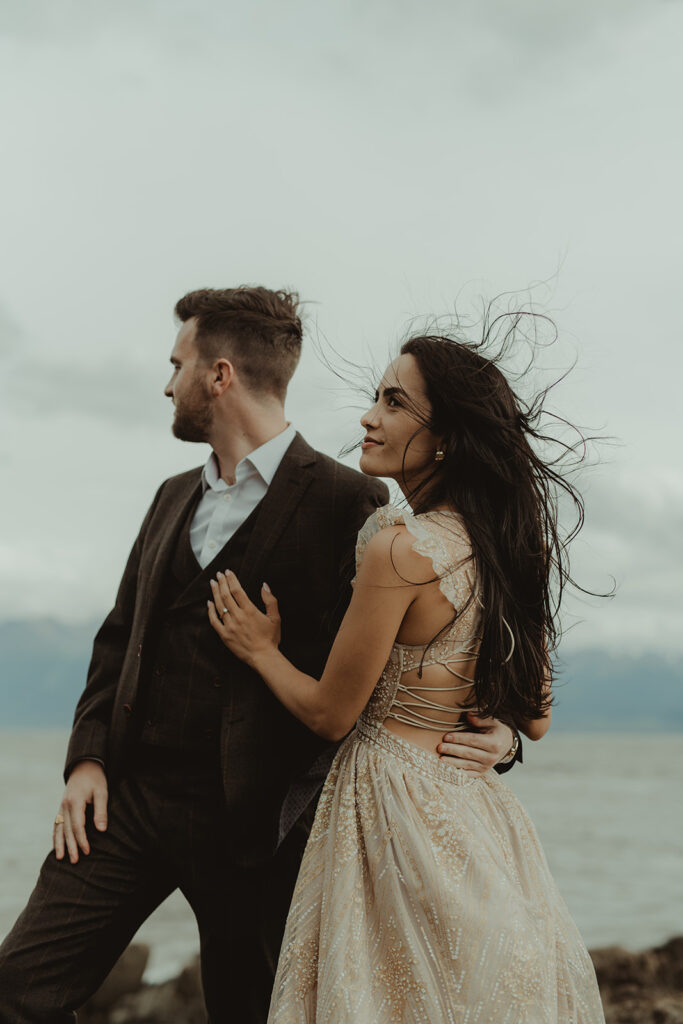 newly engaged couple at their photoshoot in alaska