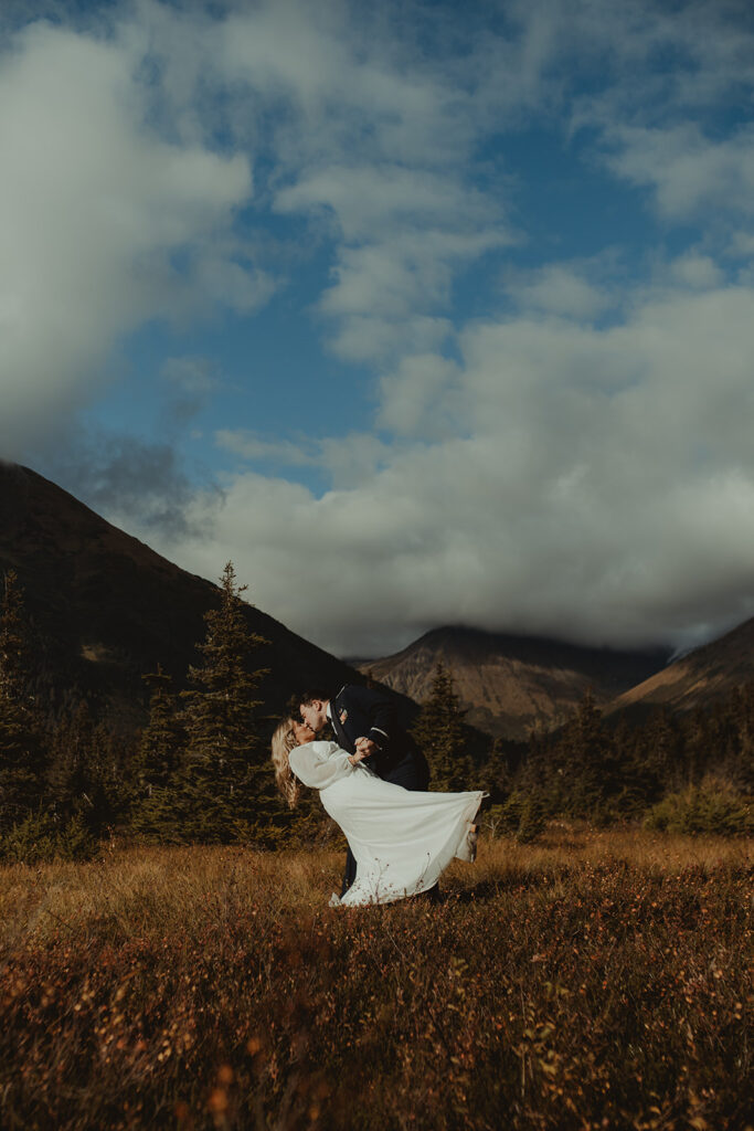 romantic picture of the bride and groom kissing