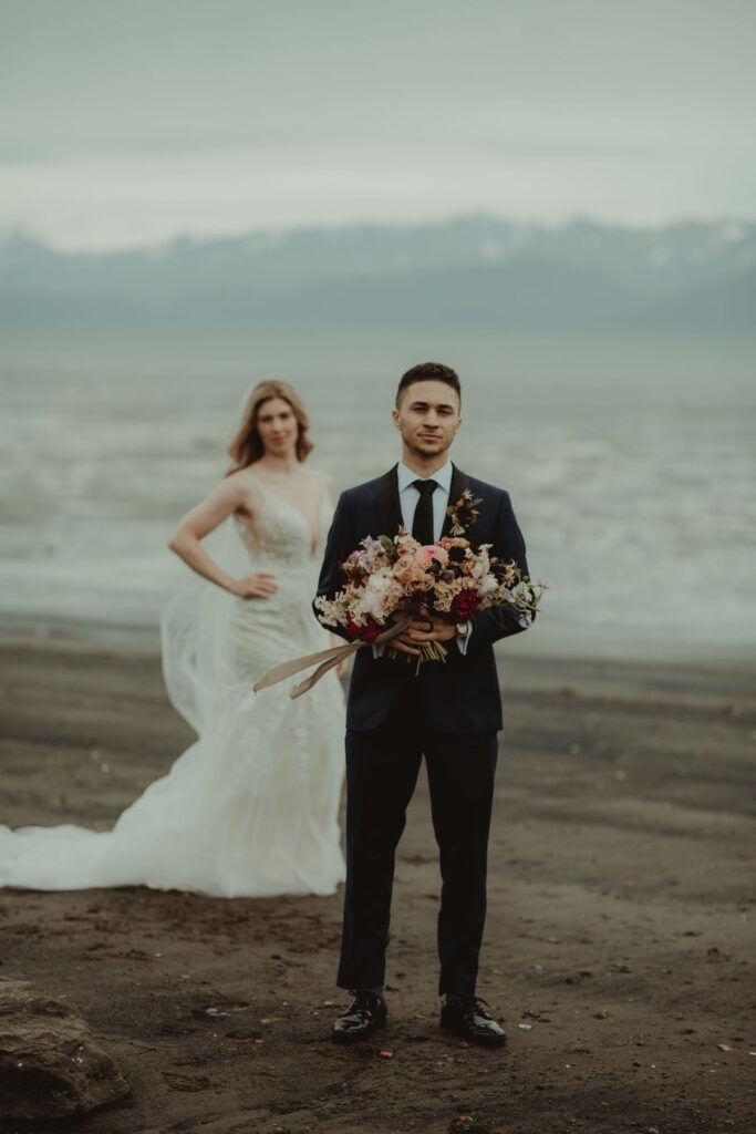 bride and groom at their wedding in alaska