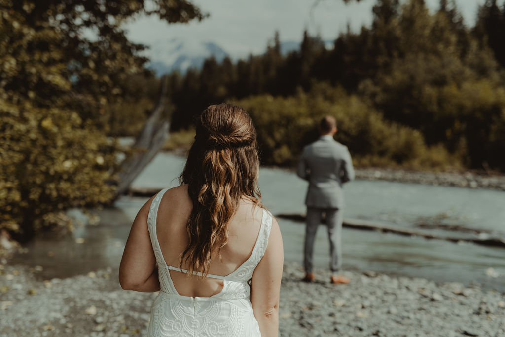 bride and groom at their first look