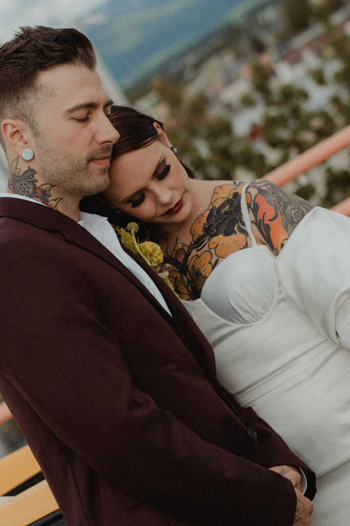 couple hugging at their Edgy and Modern City Elopement in Anchorage, AK