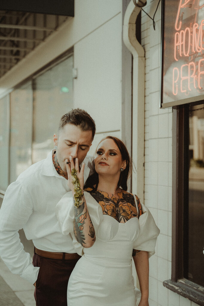 bride and groom at their city elopement 