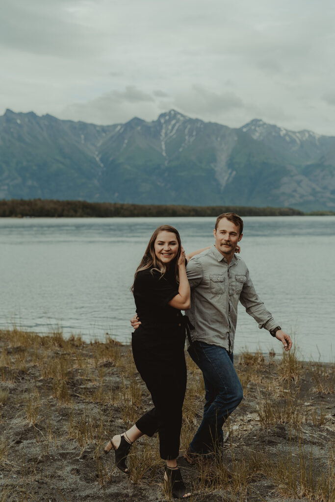 couple walking around their photoshoot location