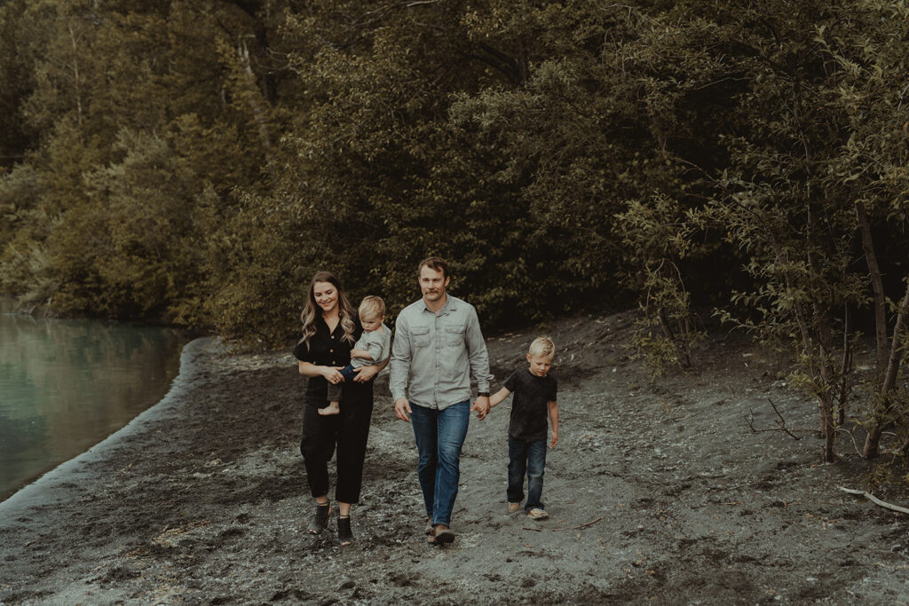 family walking around their photoshoot location