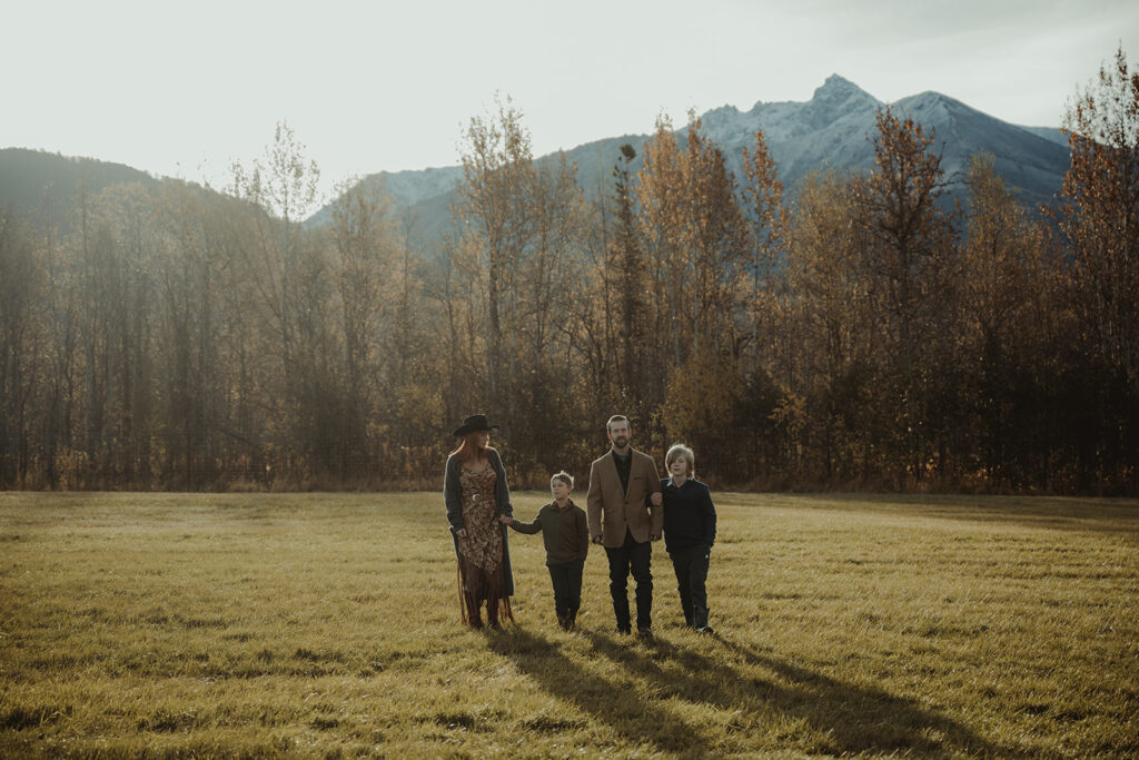 family walking around the ranch