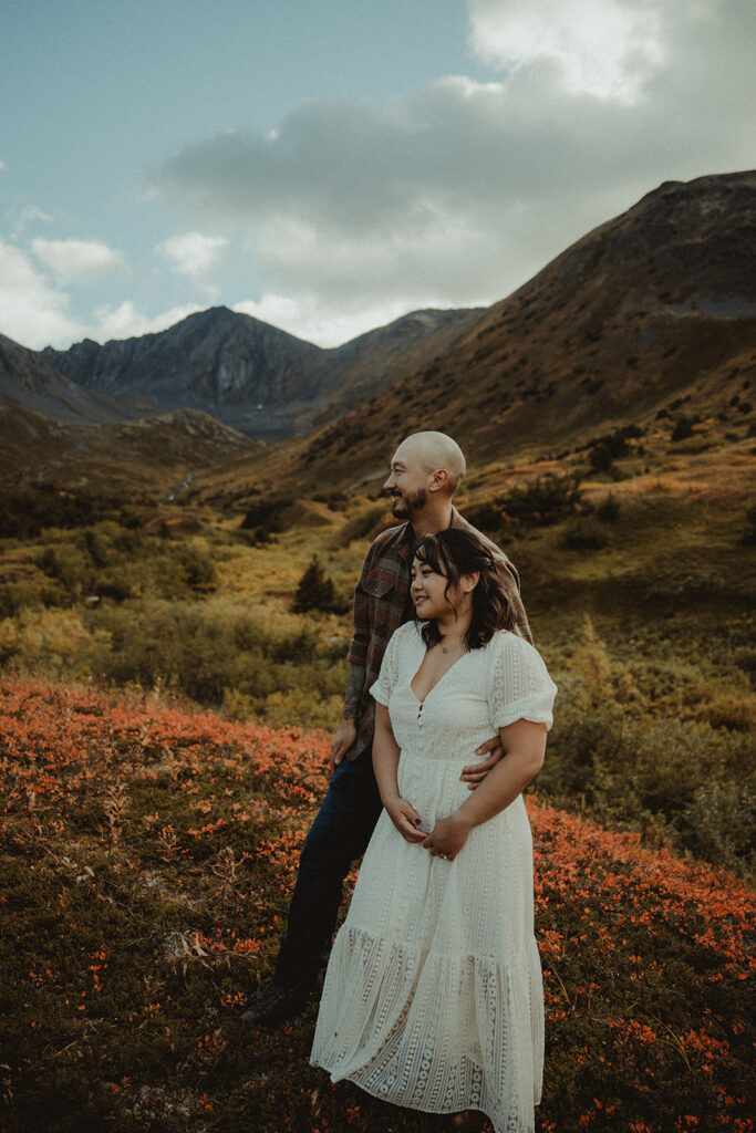 couple walking around their engagement session